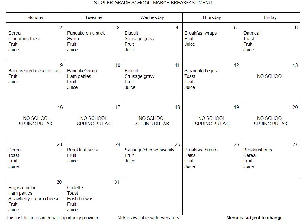  grade School Breakfast Menu