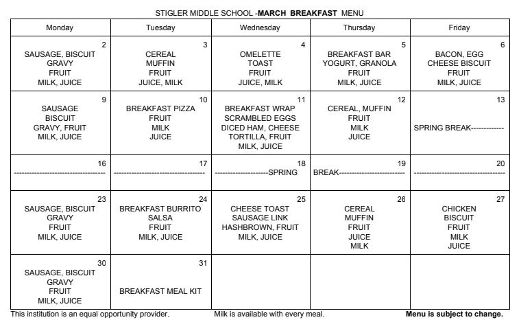 High School Breakfast Menu